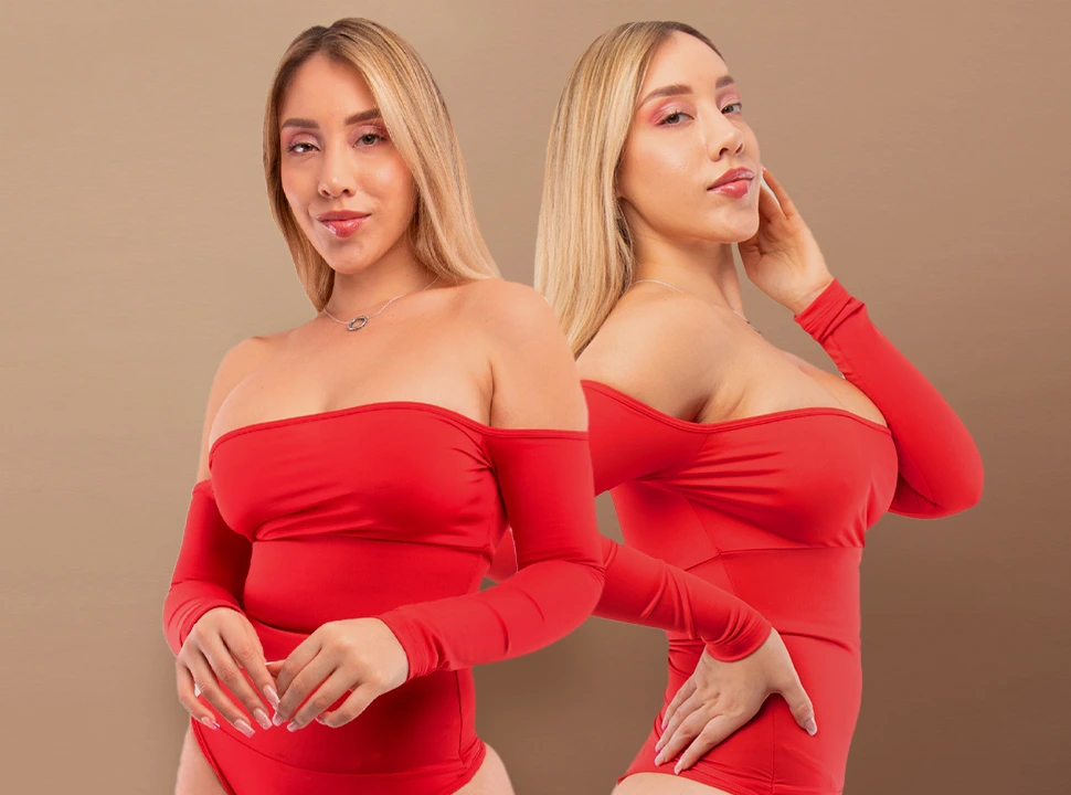 Modelando ropa con fajas integradas, en color rojo.