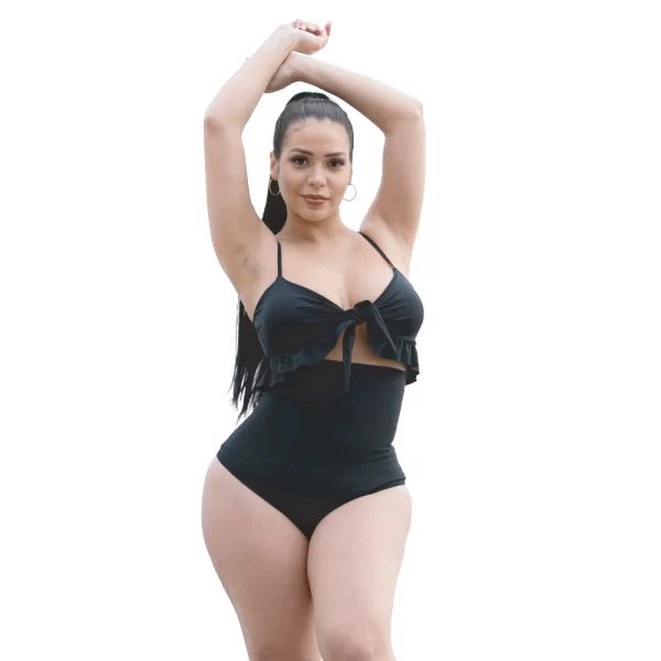 Traje de baño de 2 piezas con faja incluida y tirantes, color negro