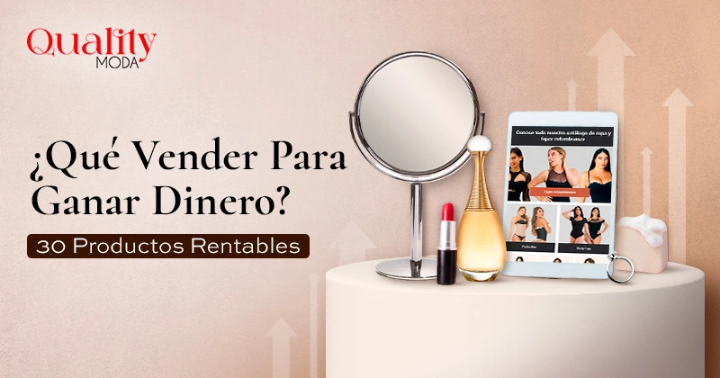 Mujeres con ropa con faja, cosméticos y perfumes en mesa de exhibición como ejemplo de productos que puedes vender para ganar dinero