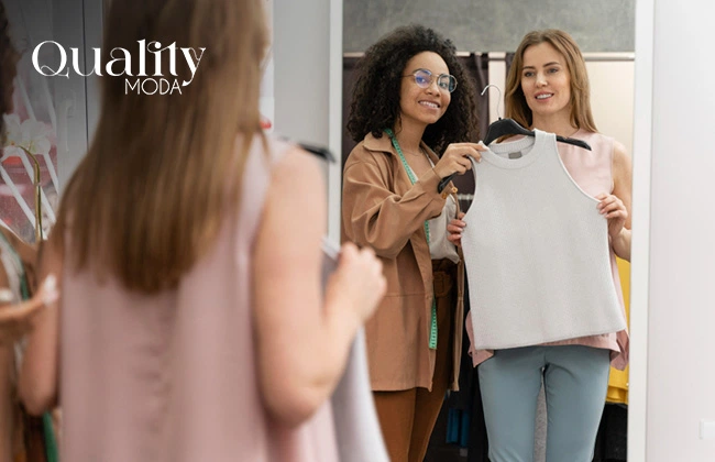 Mujer prestando servicios de personal shopper a otra dama en una tienda de ropa