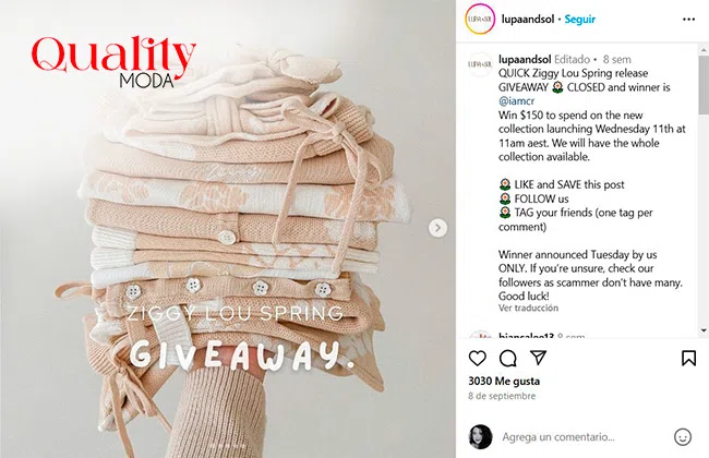 Post de Instagram con idea de un sorteo para hacer publicidad de ropa online